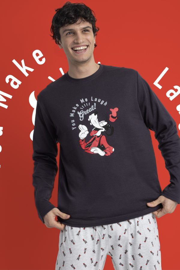 🛌 Pijama Hombre goofy Disney by ADMAS | Modelo “You Make Me Laugh” | Conjunto de Dos Piezas en Algodón Suave | Camiseta Negra de Manga Larga y Pantalón Gris Estampado | Tallas M-L-XL | Envío en 24h y Gratis desde 70 € 🚚✨ modelo 63223