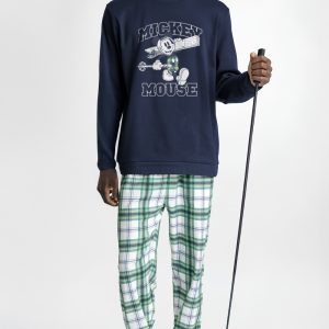 Pijama de Hombre Admas “Mickey Mouse” con Camiseta Azul Marino de Manga Larga y Pantalón Largo de Cuadros Verdes – Suavidad, Estilo y Diversión para tus Noches de Descanso 💙🧵✨ modelo 63917 talla xl