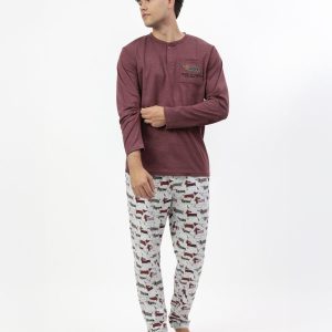 Pijama de Hombre Admas de Invierno con Camiseta Granate de Manga Larga y Pantalón Estampado de Perros – Suavidad, Estilo y Comodidad para Tus Noches Más Cálidas 🌙🐶 modelo 63798